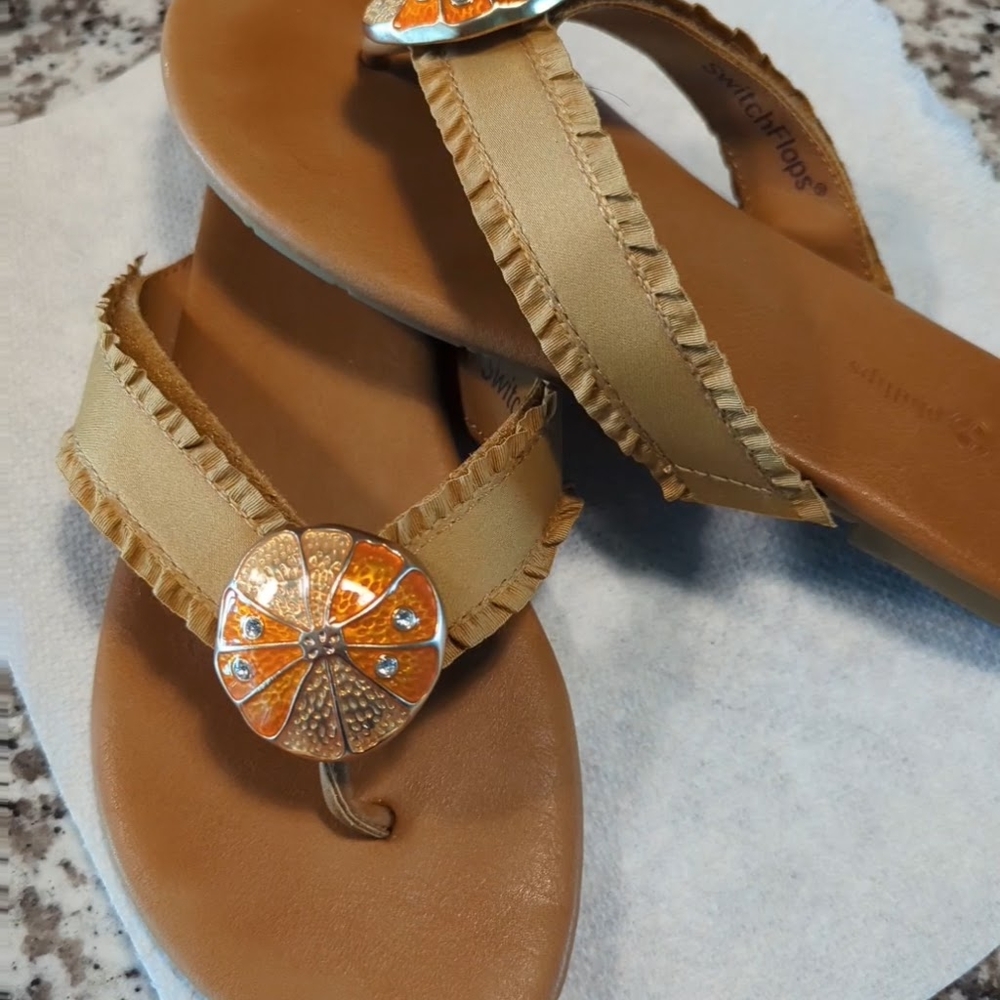 Lindsay Phillips Tan and Orange Sandals with Sunburst Ornament
